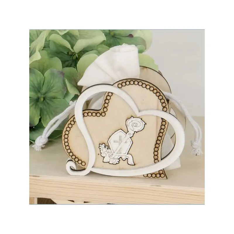 PORTACONFETTI CRESIMA CUORE IN LEGNO CON SACCHETTO