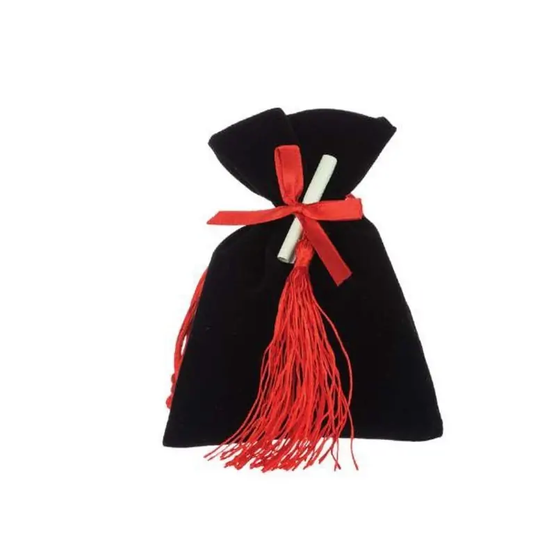 SACCHETTI LAUREA VELLUTO NERO CON PERGAMENA E NAPPINA ROSSA