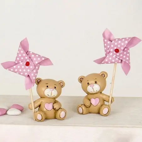Orsetto Bomboniera con Girandola Rosa Idee Battesimo Bimba