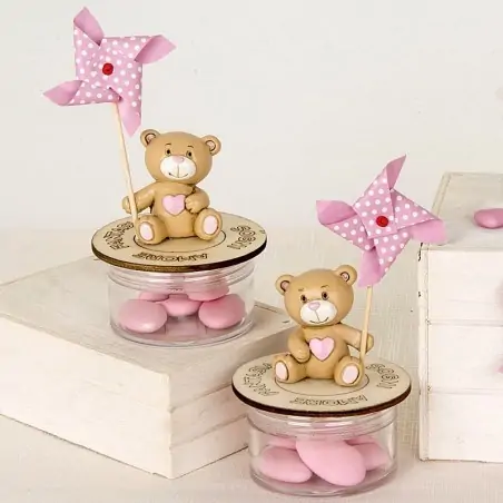 Bomboniera Battesimo Orsetto con Girandola Rosa e Scatola