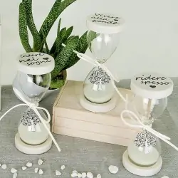 Bomboniere Clessidra Vetro e Ceramica Bianca con Frasi e Albero