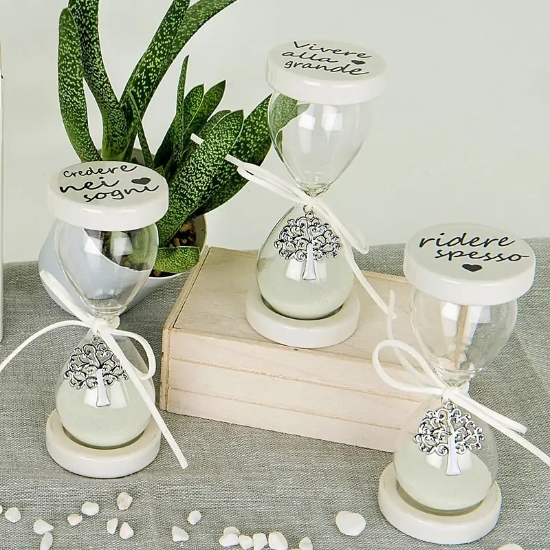 Bomboniere Clessidra Vetro e Ceramica Bianca con Frasi e Albero