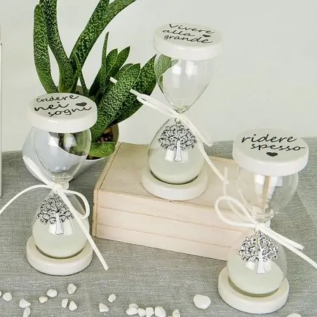 Bomboniere Clessidra Vetro e Ceramica Bianca con Frasi e Albero