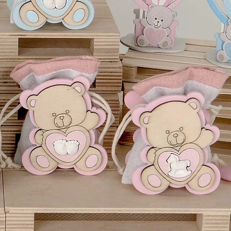 Portaconfetti Nascita Orsetto Rosa con Gessetti e Sacchetto