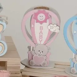 Scatoline Portaconfetti Mongolfiera in Legno e Orsetto Rosa
