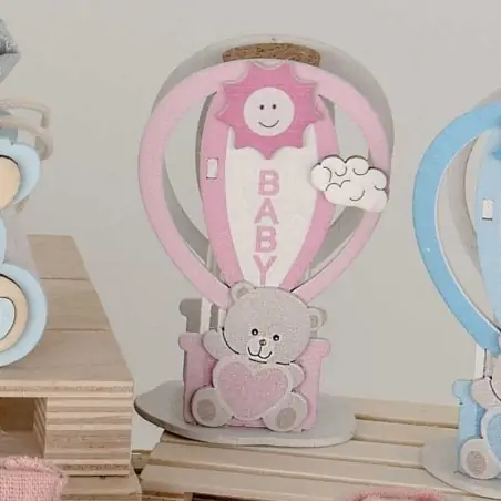 Scatoline Portaconfetti Mongolfiera in Legno e Orsetto Rosa