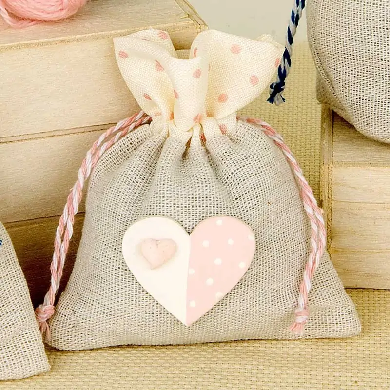 Sacchetti Confetti Nascita Fai da Te in Juta con Cuore Rosa